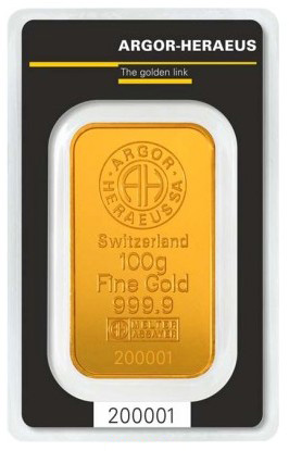 Zlatá tehlička 100 gramov 999,9/1000 Au Argor-Heraeus - všetok ponúkaný tovar je 100% nový (pokiaľ nie je uvedené inak)