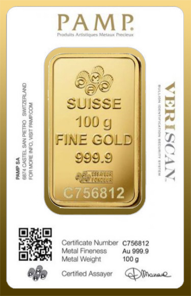 Zlata tehlicka PAMP 100 gramov ako kartička s certifikátom !!! vykúpená, 100% stav