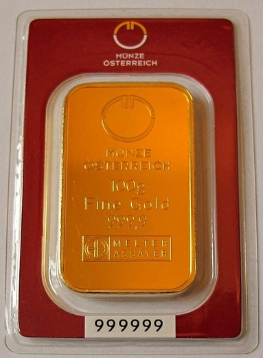 Tehlička 100 gramov 999,9/1000 Au Munze Ostereich - nie úplne nová - veľmi málo ohnutá kartička (nemá vplyv na výkupnú cenu) inak 100% stav