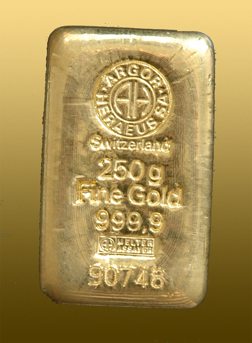 Zlatá tehla 250 gramov 999,9/1000 Au - Argor-Heraeus