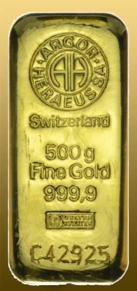 Zlatá tehlička 500 gramov 999,9/1000 Au Argor-Heraeus
