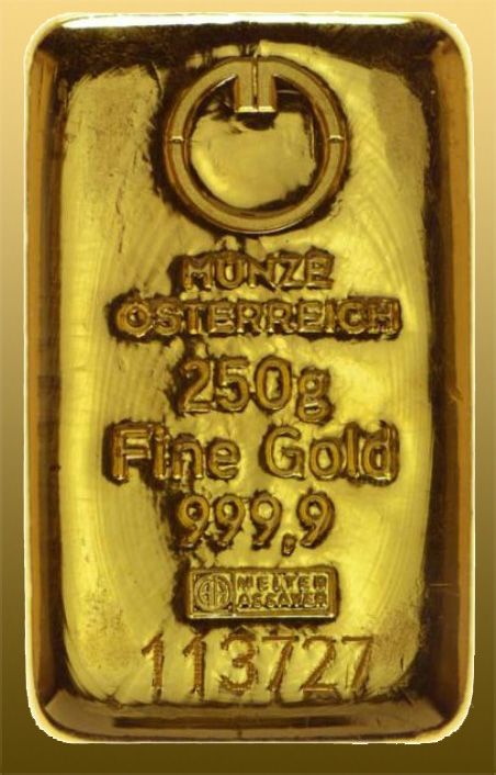 Zlatá tehla 250 gramov 999,9/1000 Au - Munze Ostereich