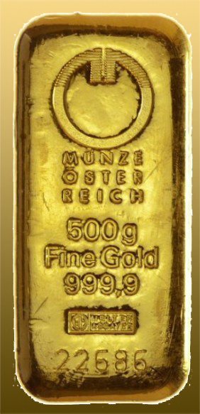 Zlatá tehlička 500 gramov 999,9/1000 Au Munze Ostereich
