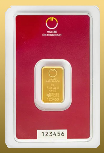 Tehlička 5 g - 999,9/1000 Au Munze Osterreich - bez hologramu, vyrábané už firmou PAMP