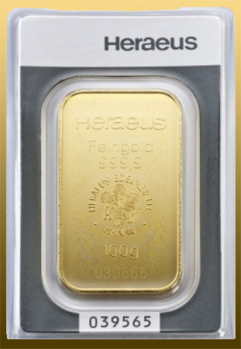 Zlatá tehlička 100 gramov 999,9/1000 Au Heraeus
