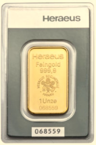 Tehlička 1 Oz Heraeus 999,9/1000 Au !!! vykúpená, 100% stav