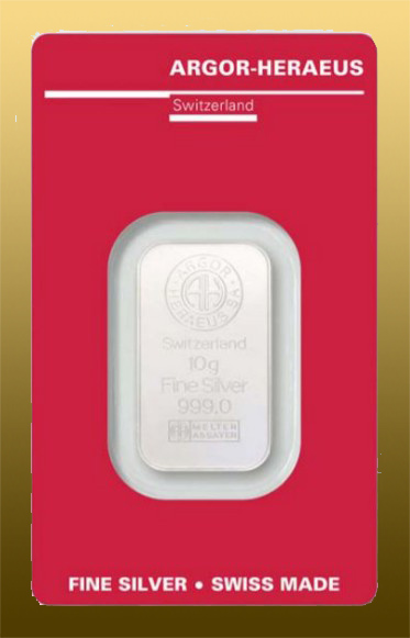 Silver bar 10 gram 999/1000 Ag Argor-Heraeus