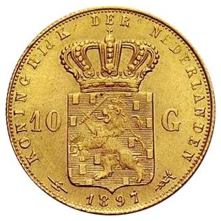 10 Gulden - Willhelmina 6,65 g (900/1000 Au) 6,05 g čisté Au