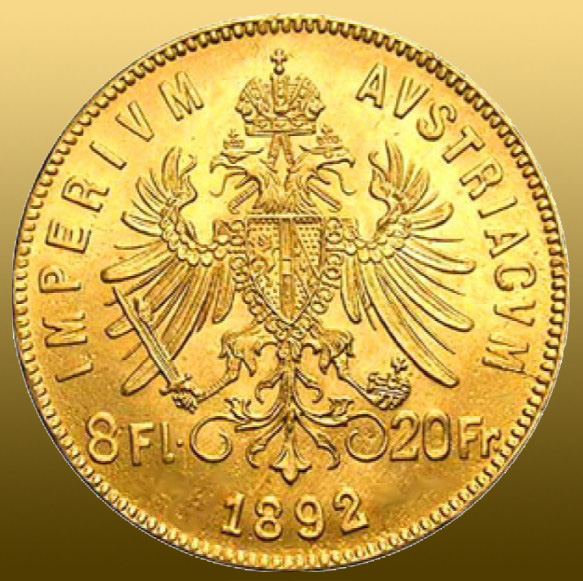  20 Frank / 8 Gulden - Austria (novorazba) 6,45 g (900/1000 Au) 5,81g čisté Au