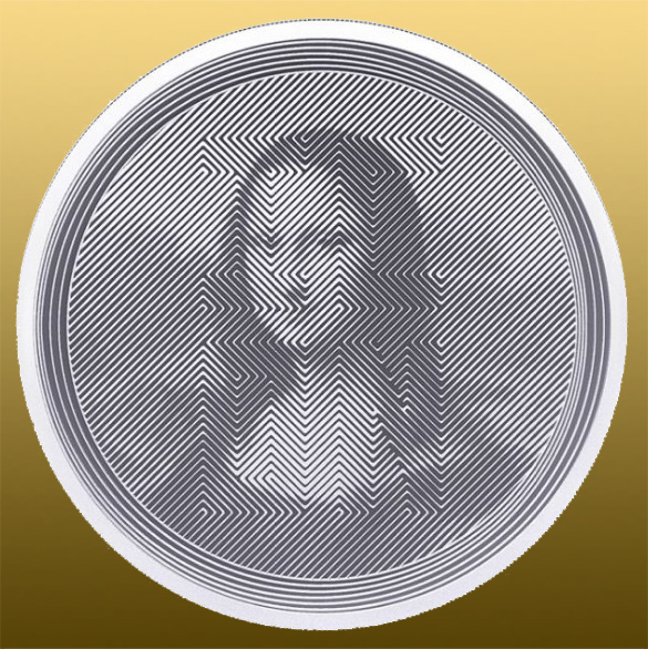 Silver 1 Oz Icon 2021 - Špeciálna holografická minca. Z rubovej strany je obraz Mony Lízy, ktorý sa mení na nápis 
