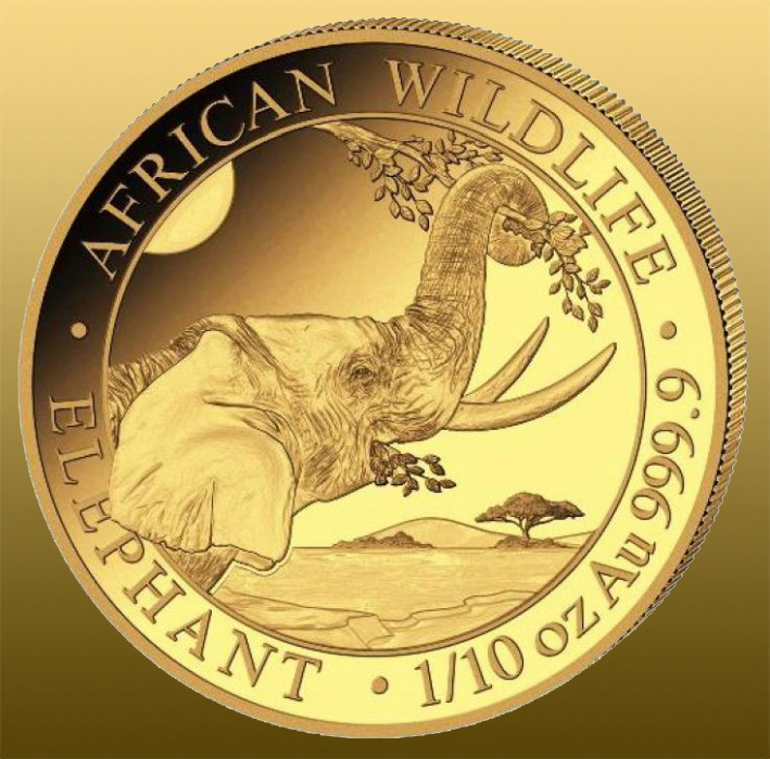 Gold 1/10 Oz Somalia Elephant 2023 999,9/1000 Au - každá minca je zabalená v originál plastovej fólií - minca je trošku väčšia ako iné 1/10 Oz, ale je trošku tenšia