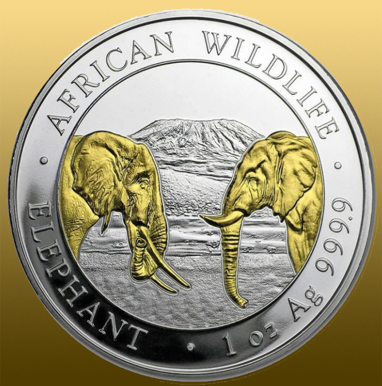 Somalia 1 Oz Elephant - 2020 POZLÁTENÝ 999/1000 Ag - každý rok sa razí s iným vyobrazením slonov