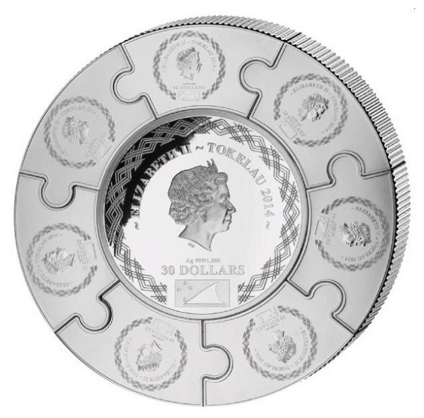 Silver Tokelau 1 kg Puzzle Coin Proof St. James 2014 - minca v rozoberatelnom plastovom obale (bublinke) - horná časť mince sa dá rozobrať ako puzzle