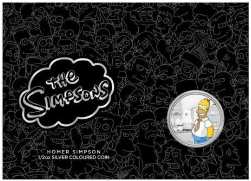 1/2 Oz Silver Homer Simpson - kolorovaná - aršík - znamená, že minca je zatavená v originál papierovom obale formátu A5